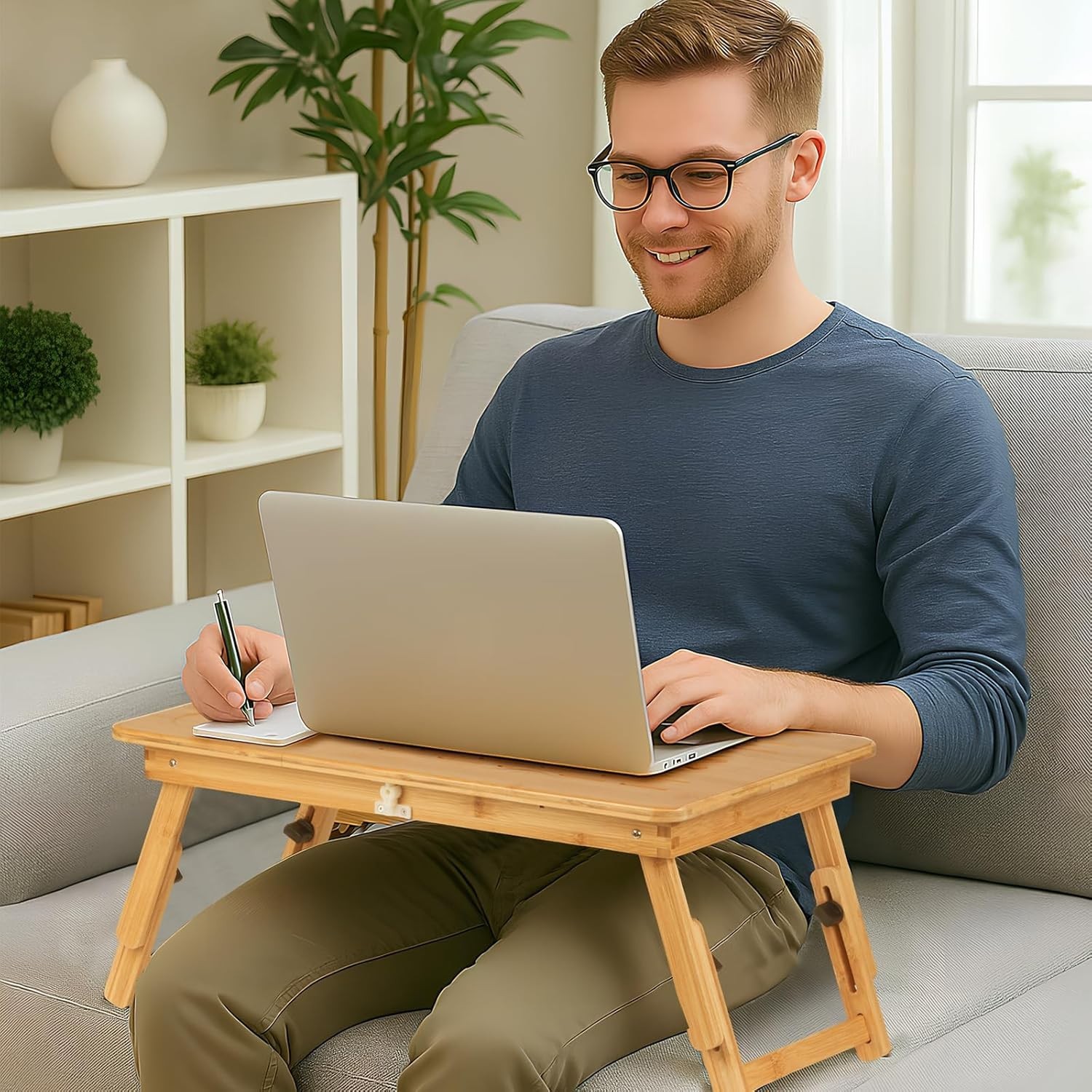 Bamboo Laptop Desk for Bed, Height & Angle Adjustable Foldable Lap Desk with ...