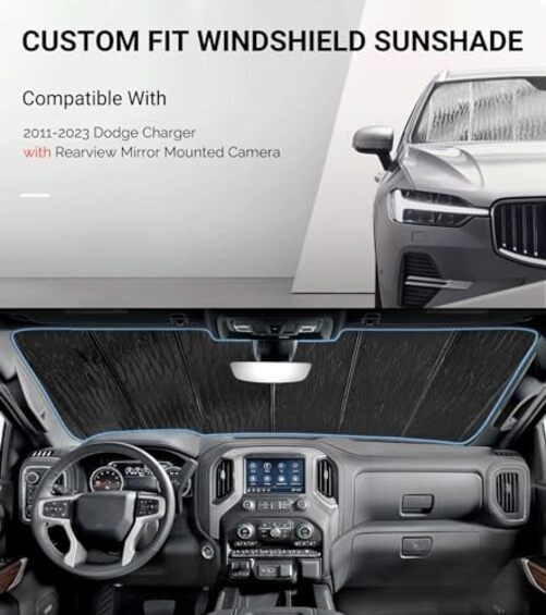 Windshield Sunshade for Dodge Charger 2011 2011-2023 With Mirror Camera Silver