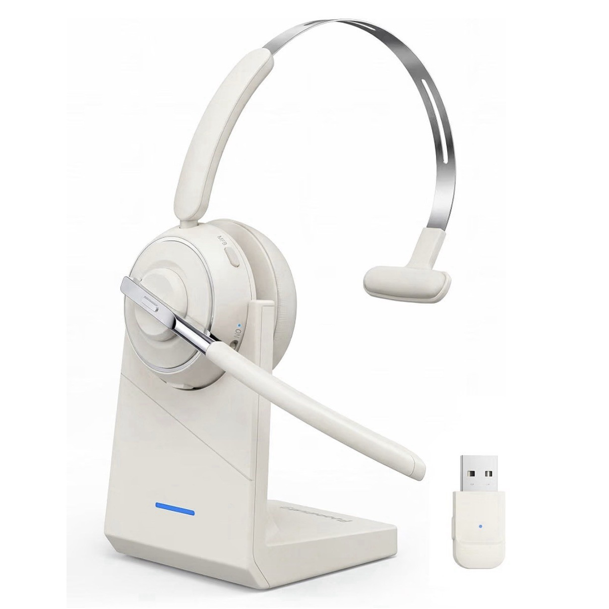 RF Wireless Single On-Ear Mono Headset Boom Mic Noise Cancel USB Base Beige