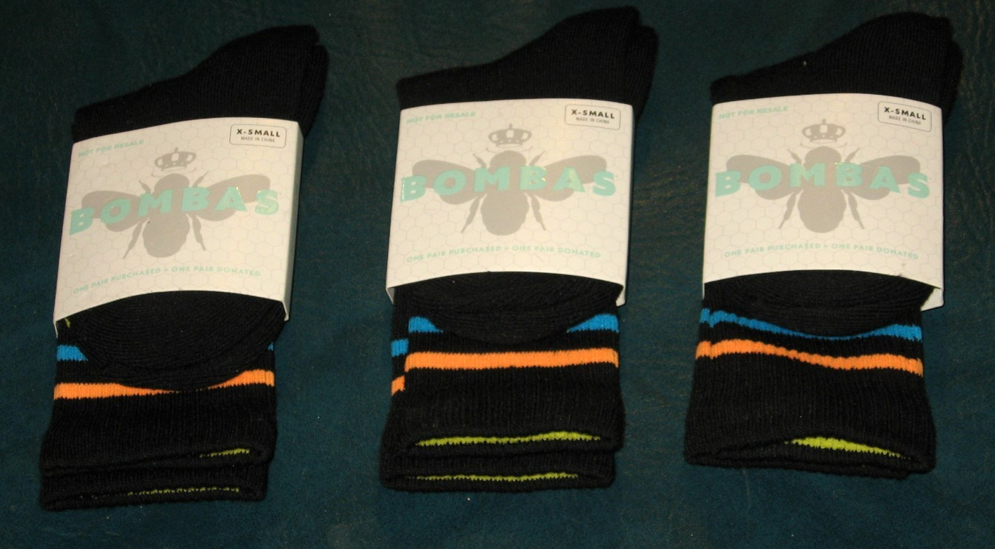 (3) Pairs of Brand New Bombas Socks Men's X-Small Black Cushioned Crew Socks