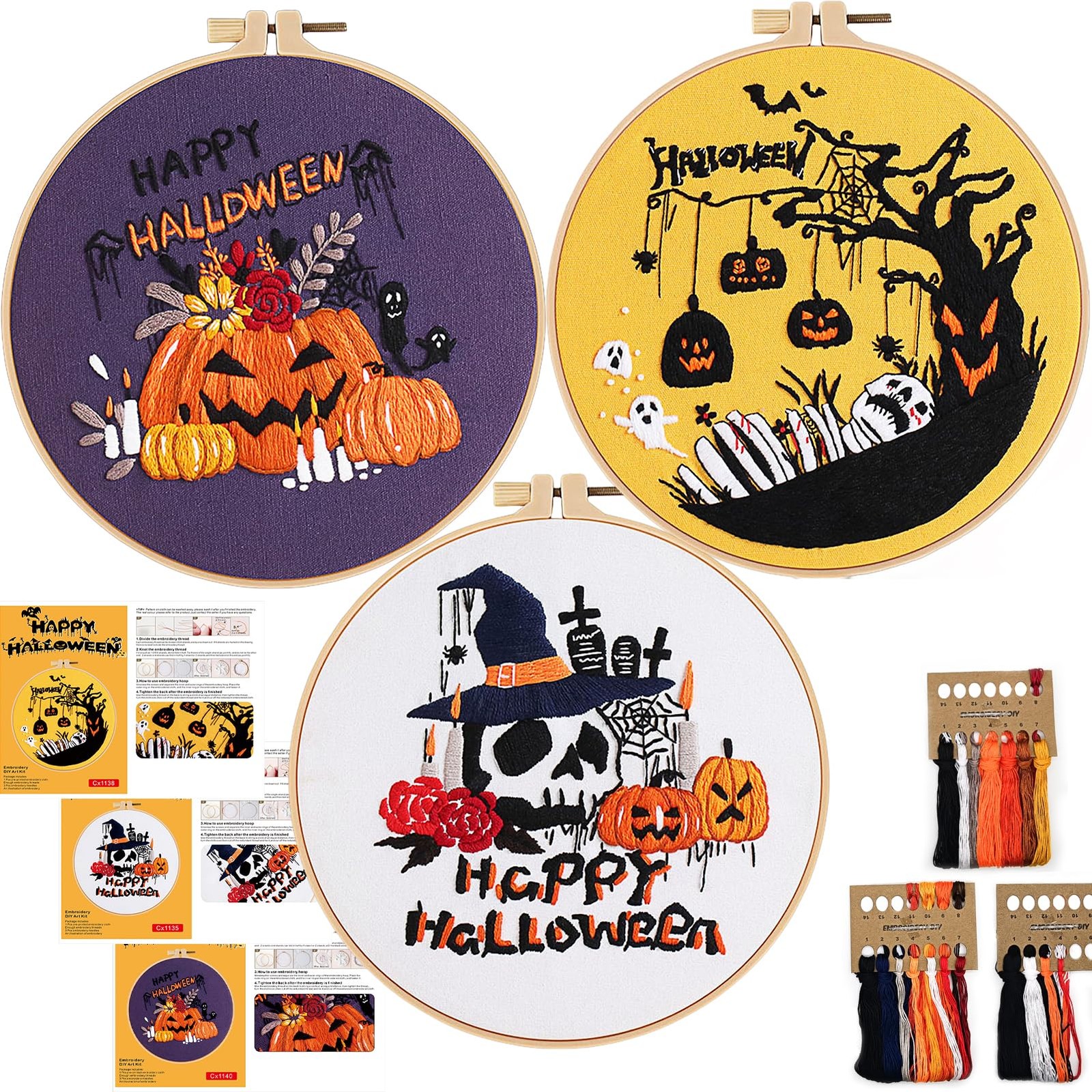 FONNUY Halloween 3 Set Embroidery 11 inches x 11 inches, purple orange black