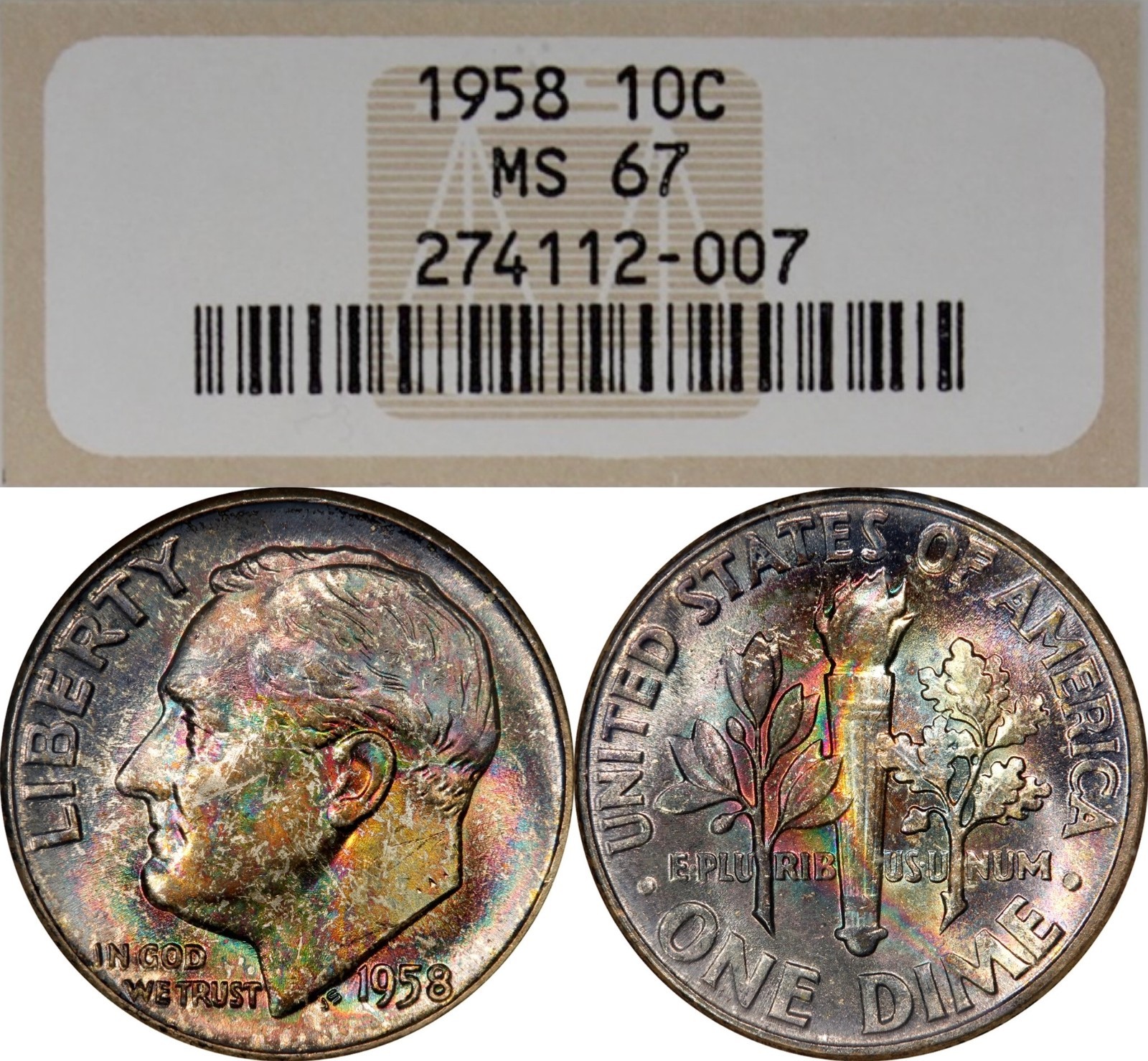 MS67 1958 10C Roosevelt Silver Dime, NGC- Fatty Holder, Rainbow Mint Set Toned