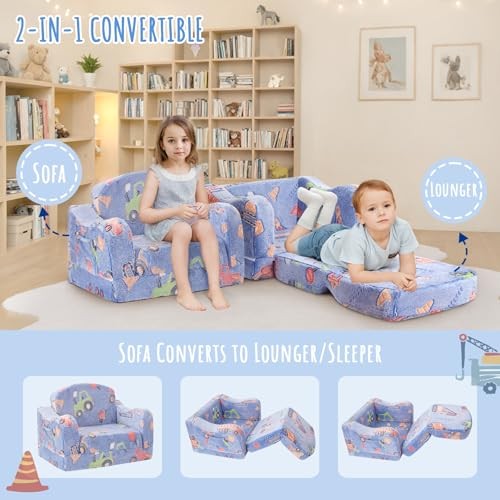 Thick Comfy Toddler Chair and Couch for Kids,2-in-1 Soft Plush Car Excavator