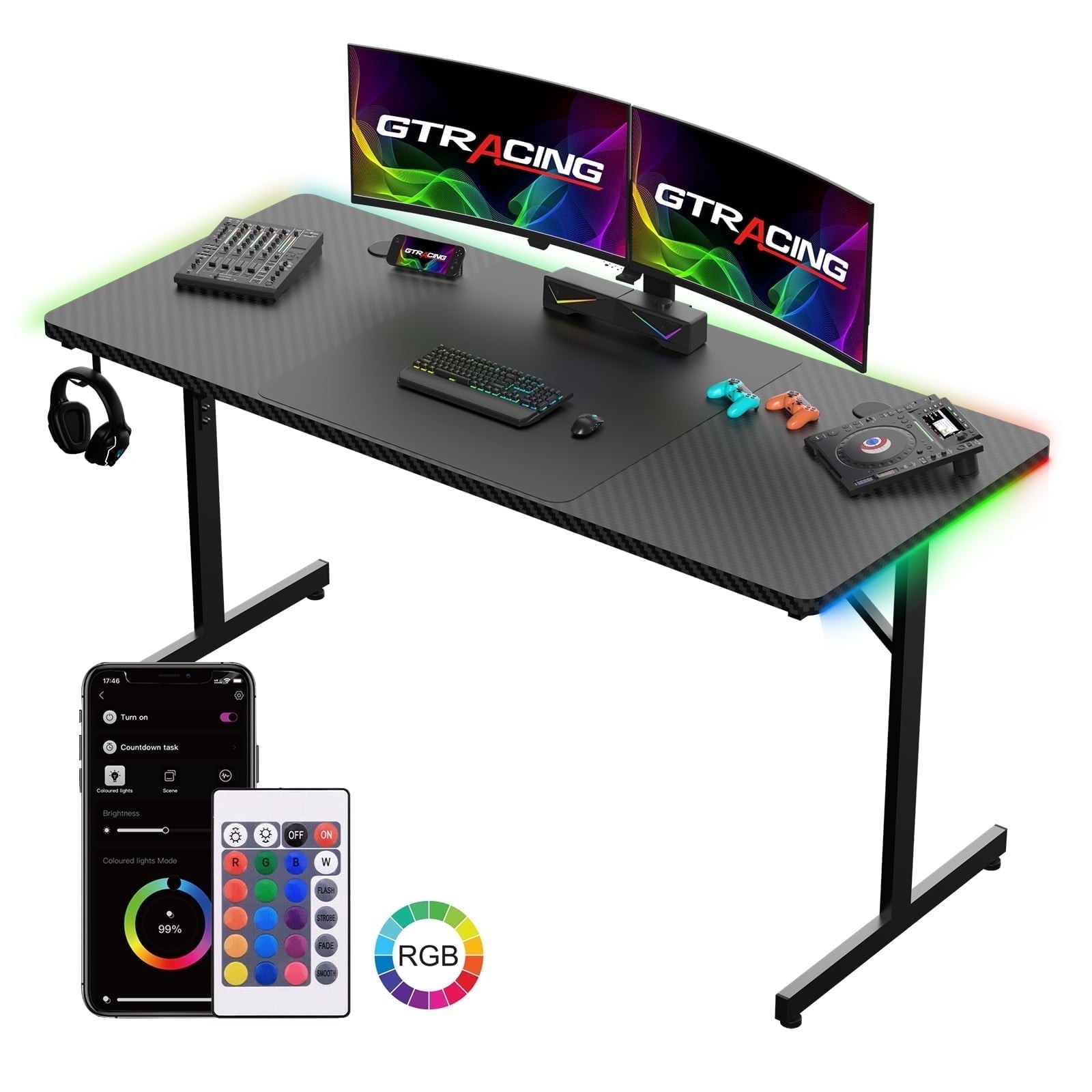 GTRACING 55" Large RGB Sturdy Gaming Desk with Mouse Pad T-Shaped Office Chair C