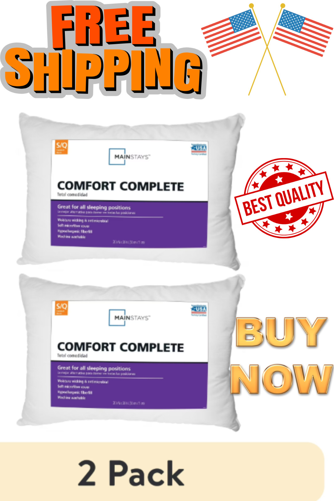 (2 pack) Mainstays Comfort Complete Bed Pillow, Standard/Queen