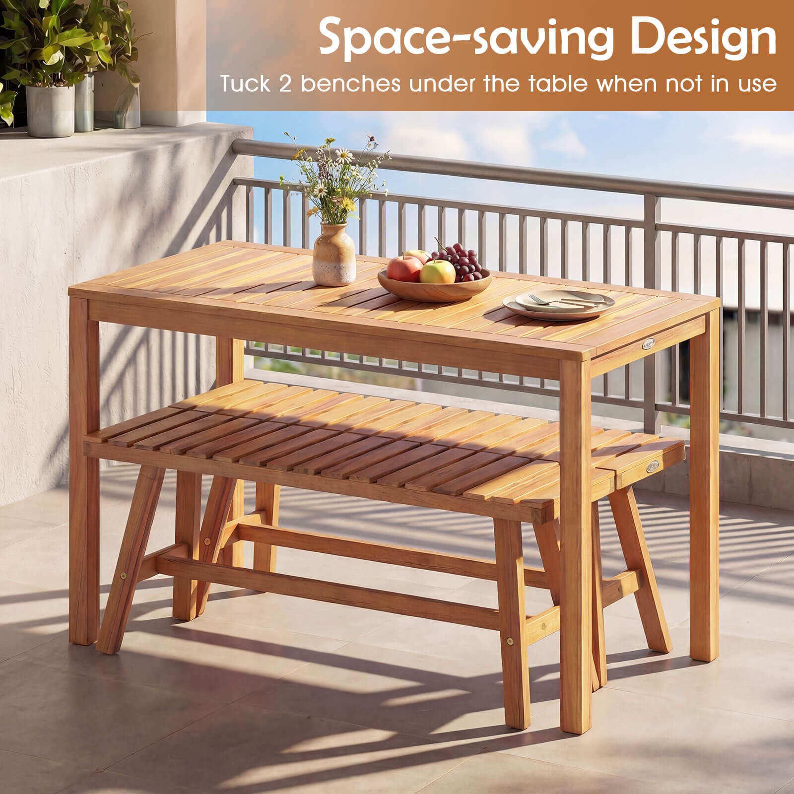 Outdoor Acacia Wood Dining Table w/Slatted Tabletop, for Garden, Balcony, Deck
