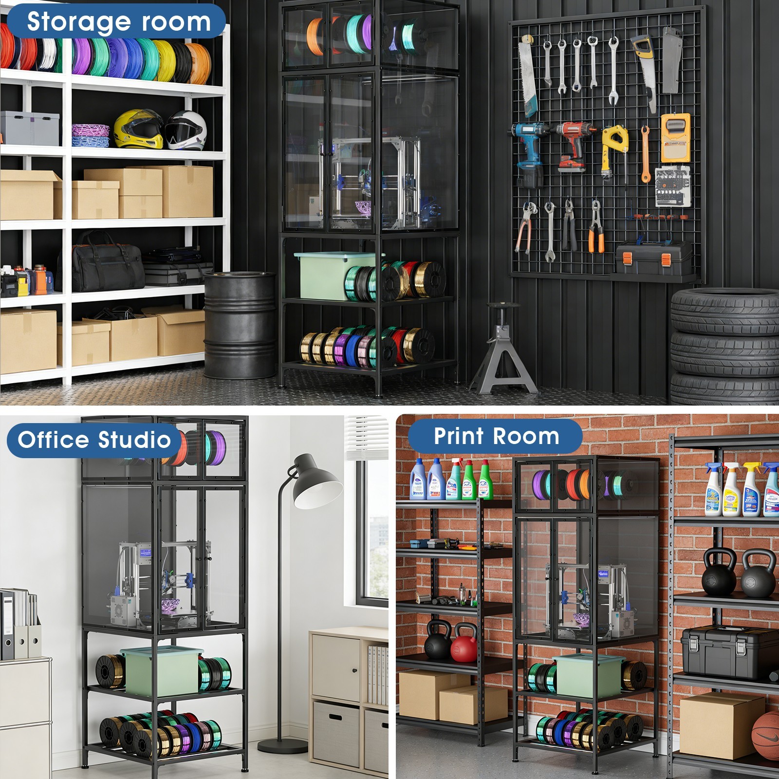 3D Printer Cabinet, Dual-Layer Filament Rack, T-Bar, Noise-Reducing