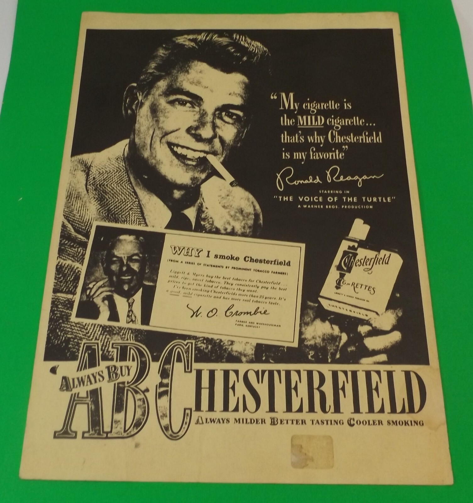 Vintage Chesterfield print ad featuring Ronald Reagan 10 x 14