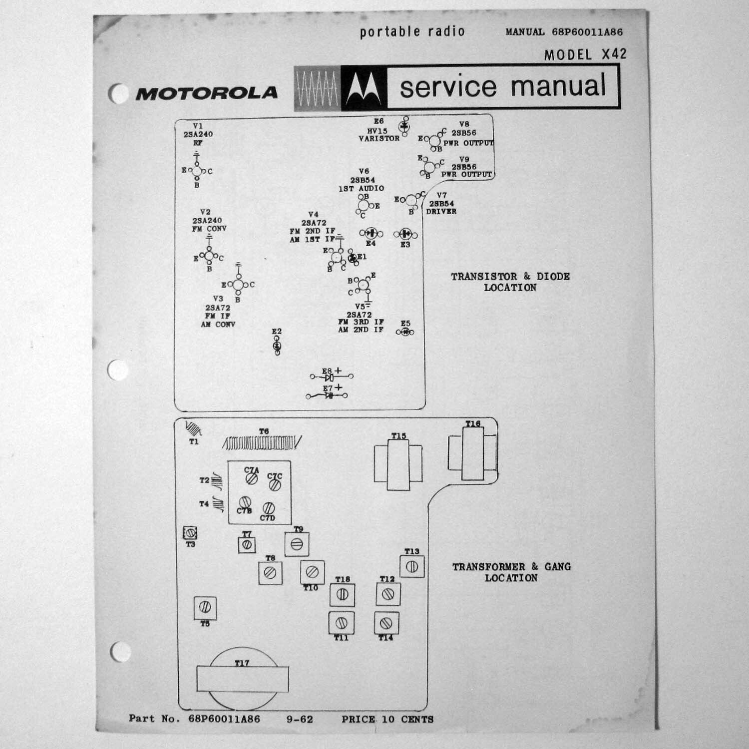 Motorola ® Model X42 Portable Transistor Radio Service Sheet © 1963