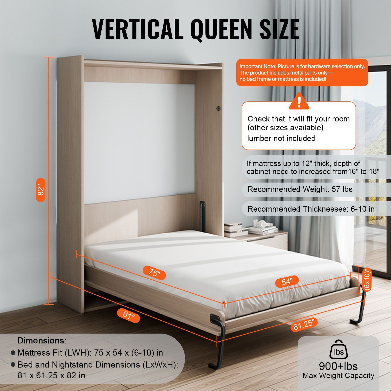 Full Size Murphy Bed Kit - Vertical DIY Wall Bed Hardware for Space Saving
