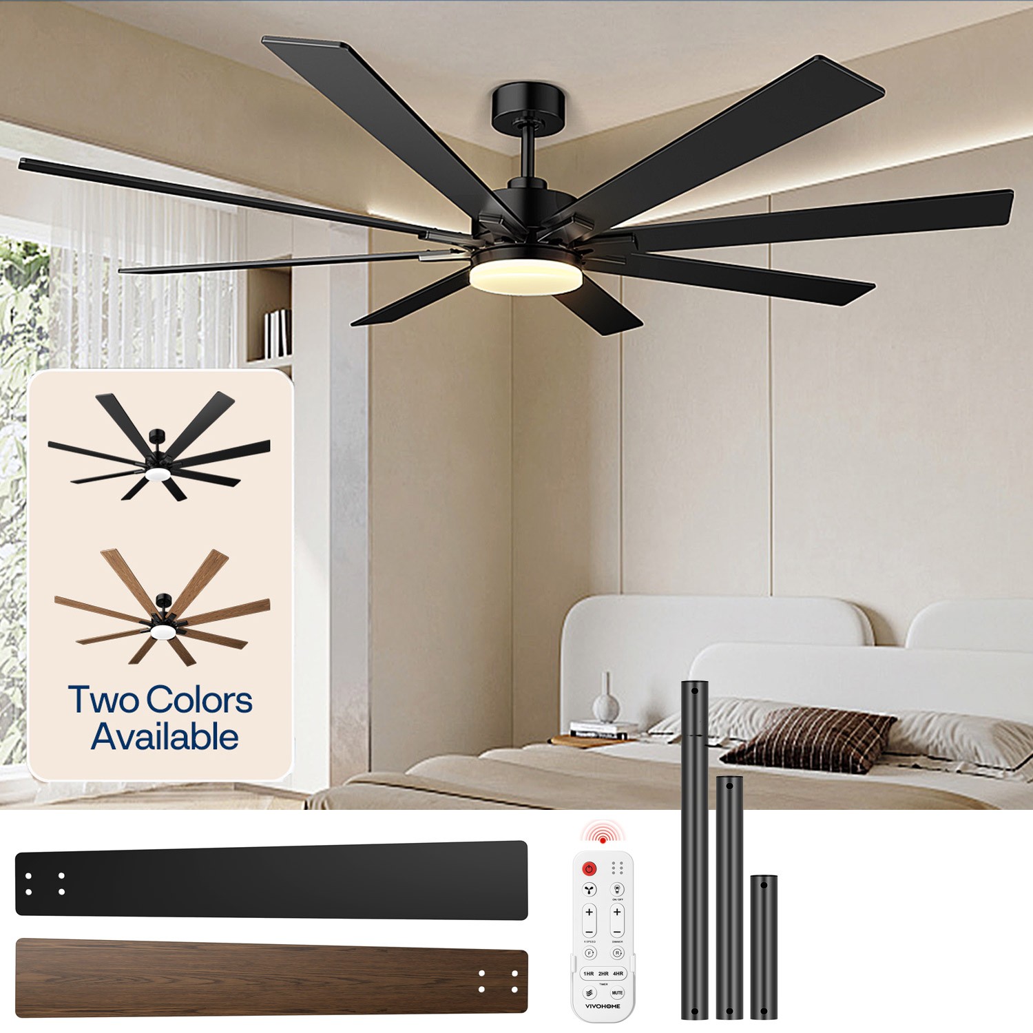 72" Ceiling Fan with Light Remote Quiet DC Motor 6 Speed Large Room Black Timer