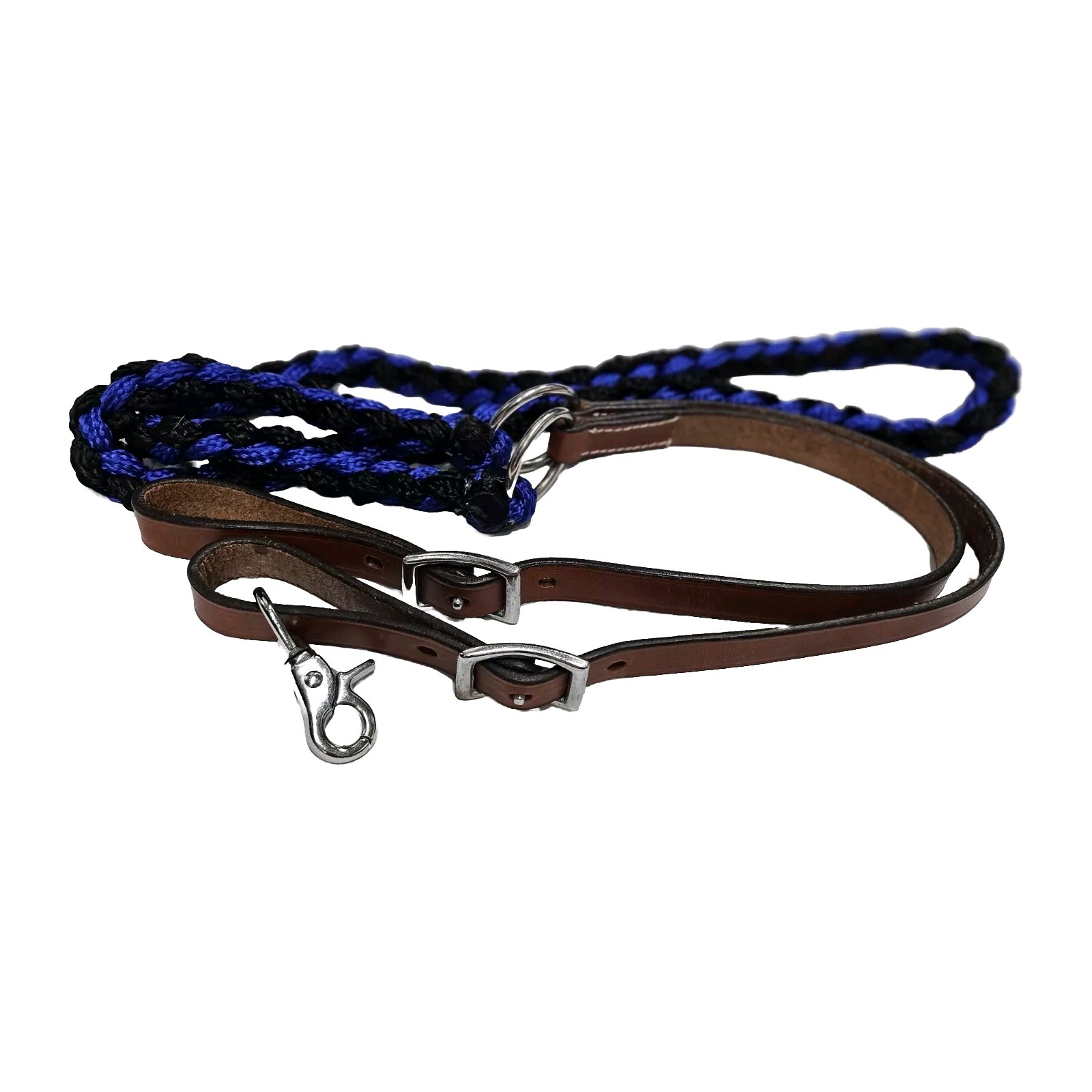 Contest Reins - Leather & Braided Cotton  8 ' -  Scissor Snap End  -  Blue