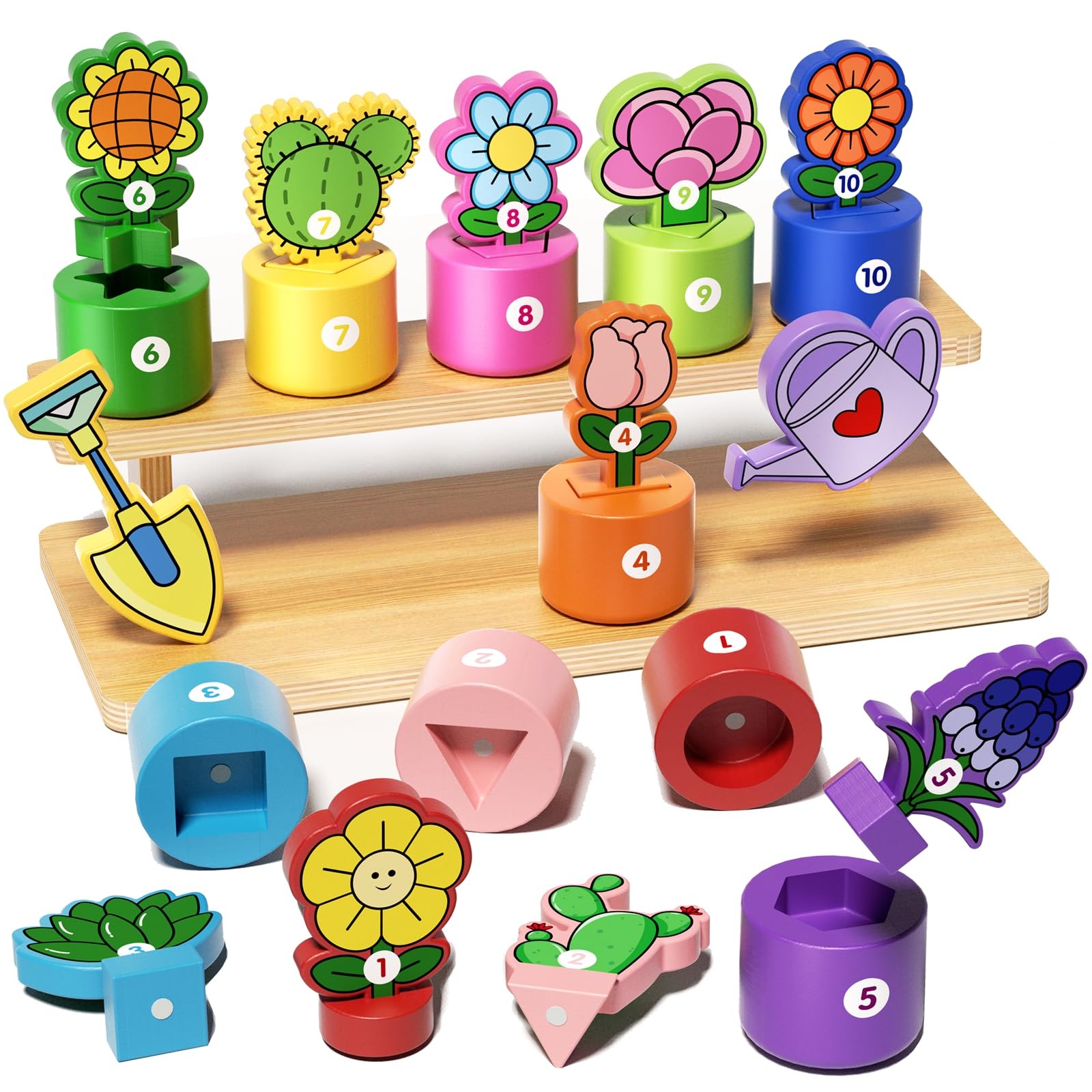 Wooden Pretend Play Flower Garden Set with Stand - Montessori Shape and Color...
