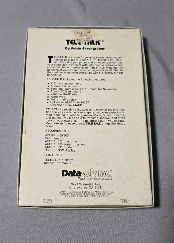 Rare 1982 TELE-TALK by DataSoft Telecommunications Software Atari 400/800 32K