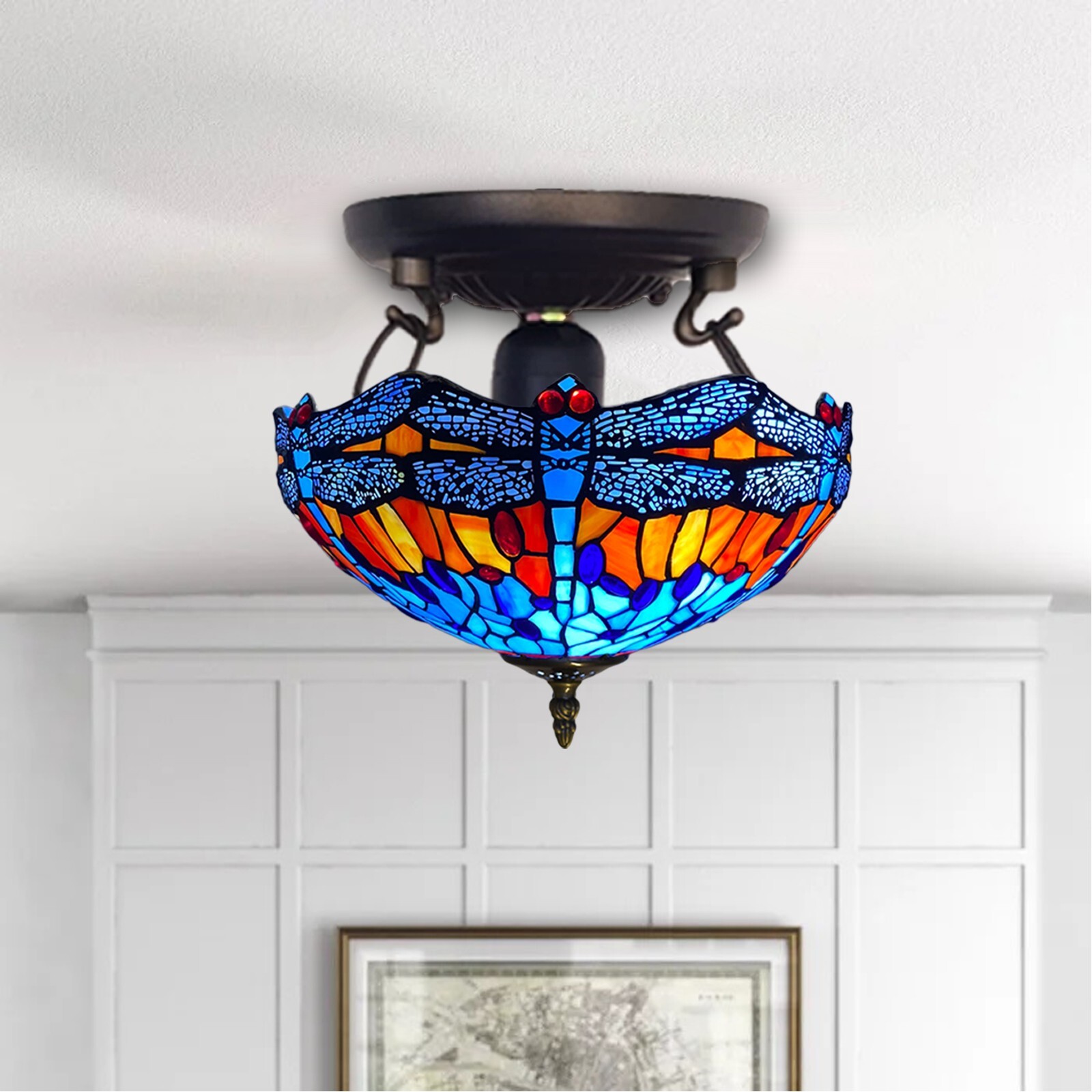 16 Inch Tiffany Antique Style Ceiling Lamp Blue Dragonfly Stained Glass Shade UK