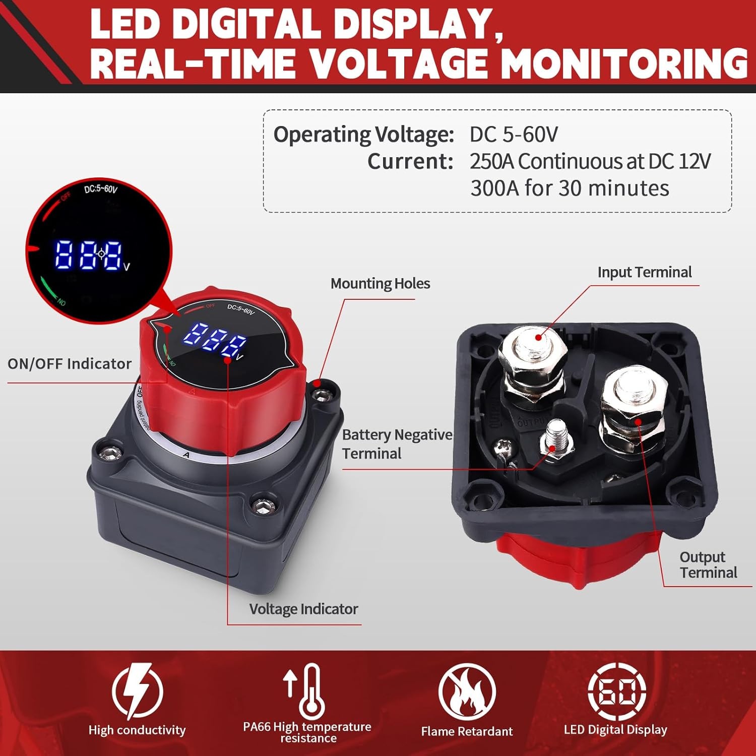 Upgrade Battery Disconnect Switch with Voltmeter, DC 5-60V Master Isolator...