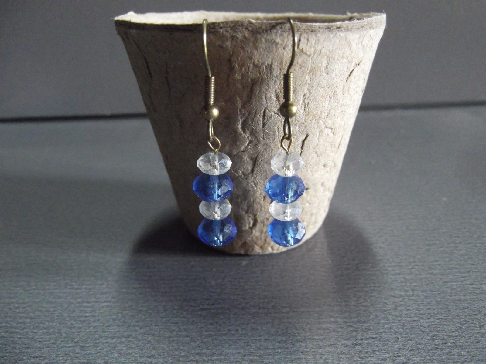 1 Pair Old Dangle Drop Round Shape Blue/Clear Glass Earrings   1"in