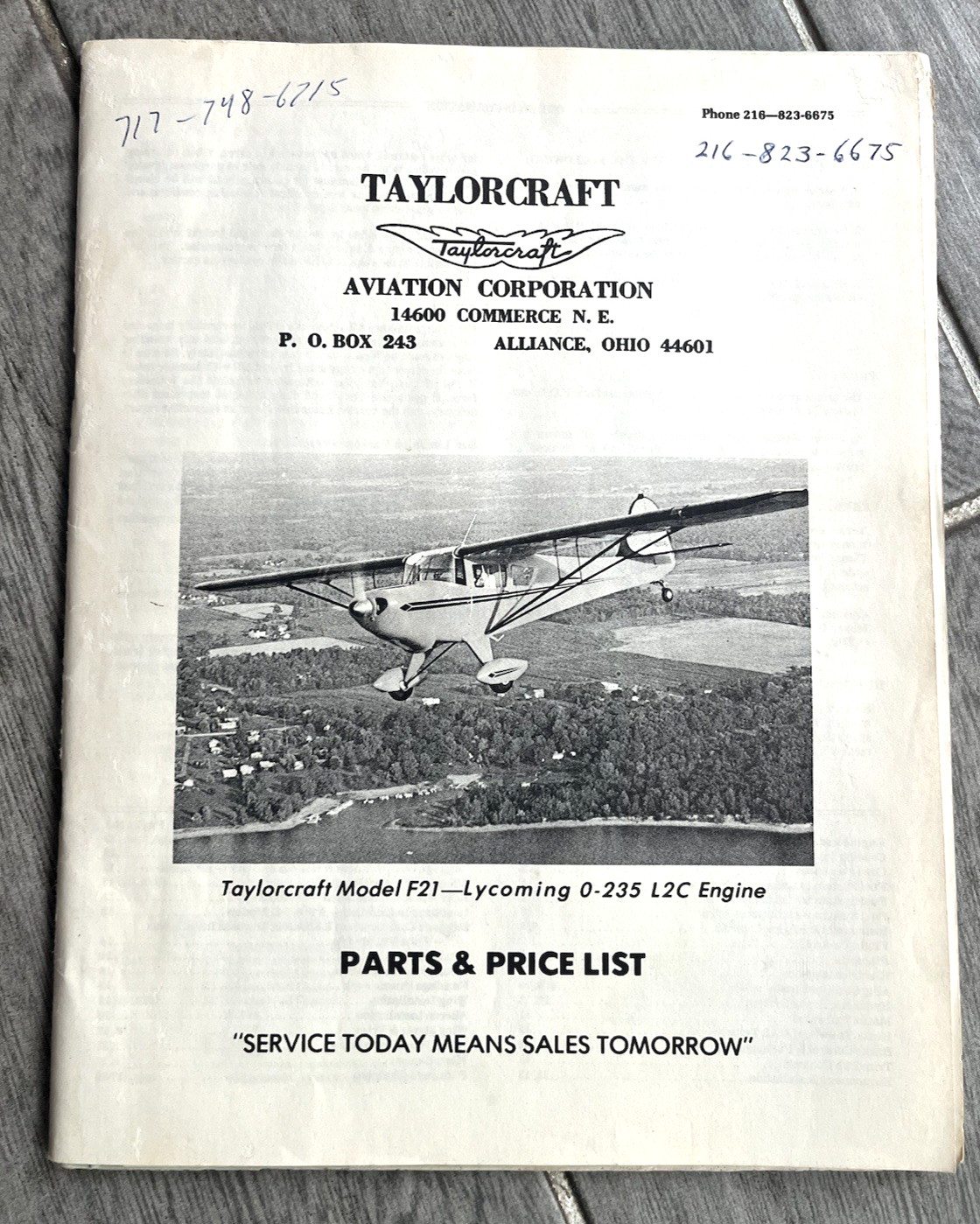 Taylorcraft Model F21-Lycoming 0-235 L2C Engine Parts Price List Manual Vintage