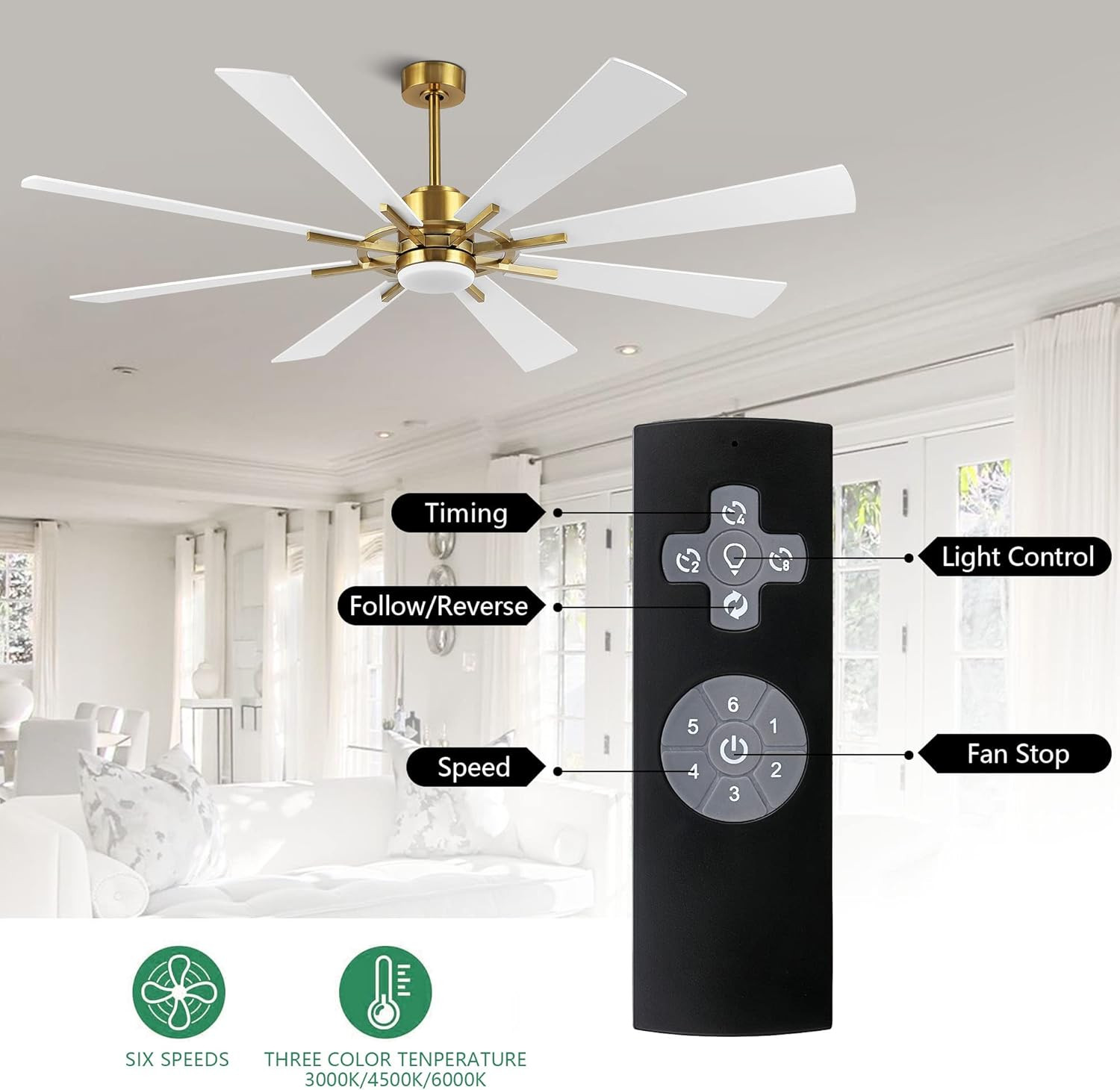 60" Gold & White DC Ceiling Fan with Lights & Remote, 6-Speed Motor