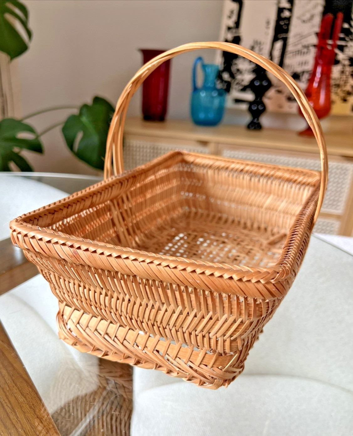 Basket w/ Handle 10" Rustic Farmhouse Tight Weave Rattan Bamboo Boho Decor