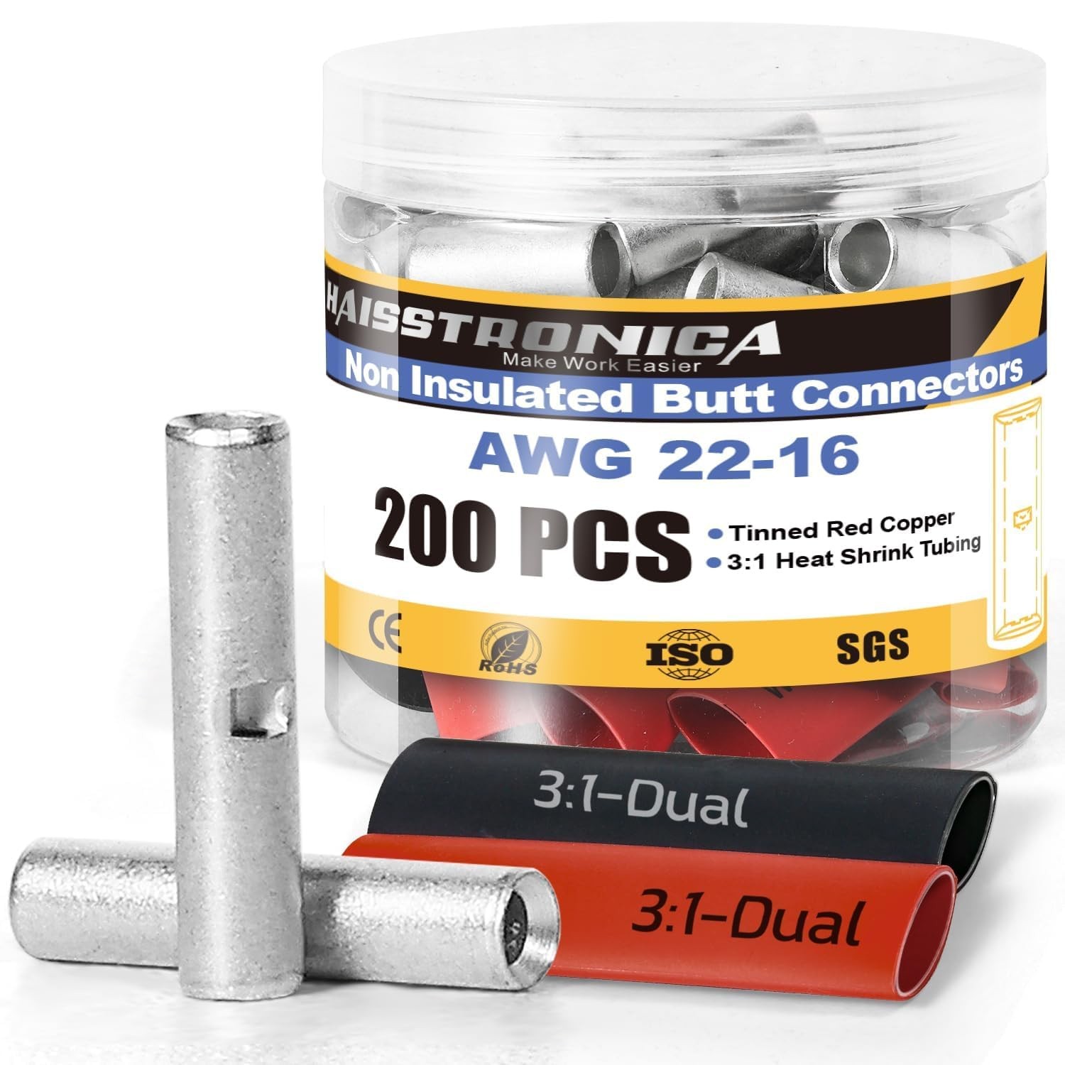 200PCS Non Insulated Butt Connectors Kit with Heat Shrink Tubing, AWG 22-16 T...