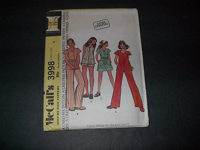 McCall's Pattern 3998  Girls' Dress or Top and Pants  Four Styles  Size 8  Uncut