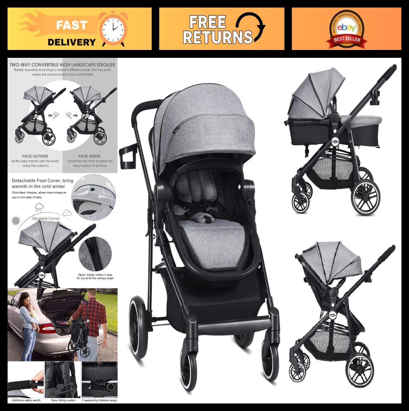 2 in 1 Baby Stroller, Reversible Bassinet Pram, Foldable Pushchair, Adjustable C