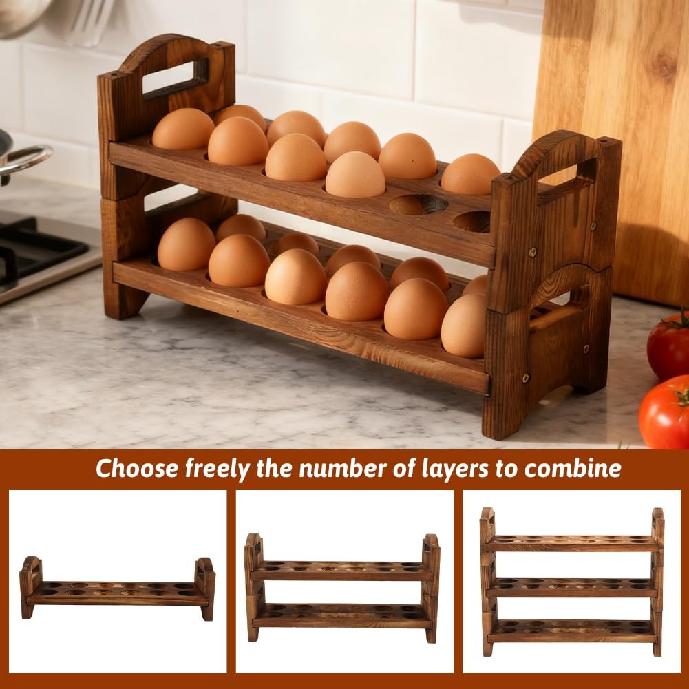 3-Tier Wooden Egg Holder Countertop Storage 36-Hole Stackable Rack Fresh
