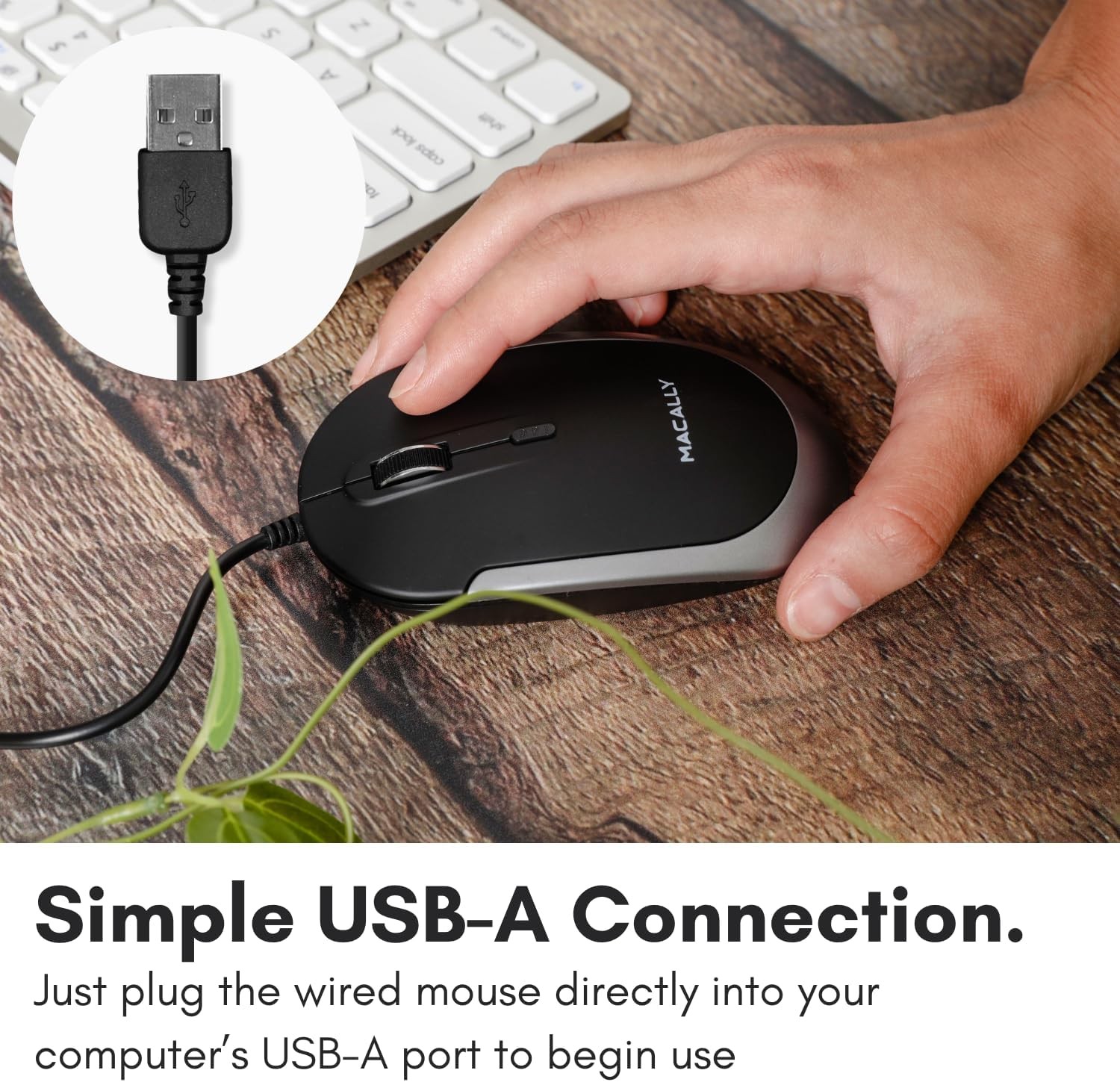 Macally Silent Wired Mouse - Slim & Compact USB Black with Space Gray Trim