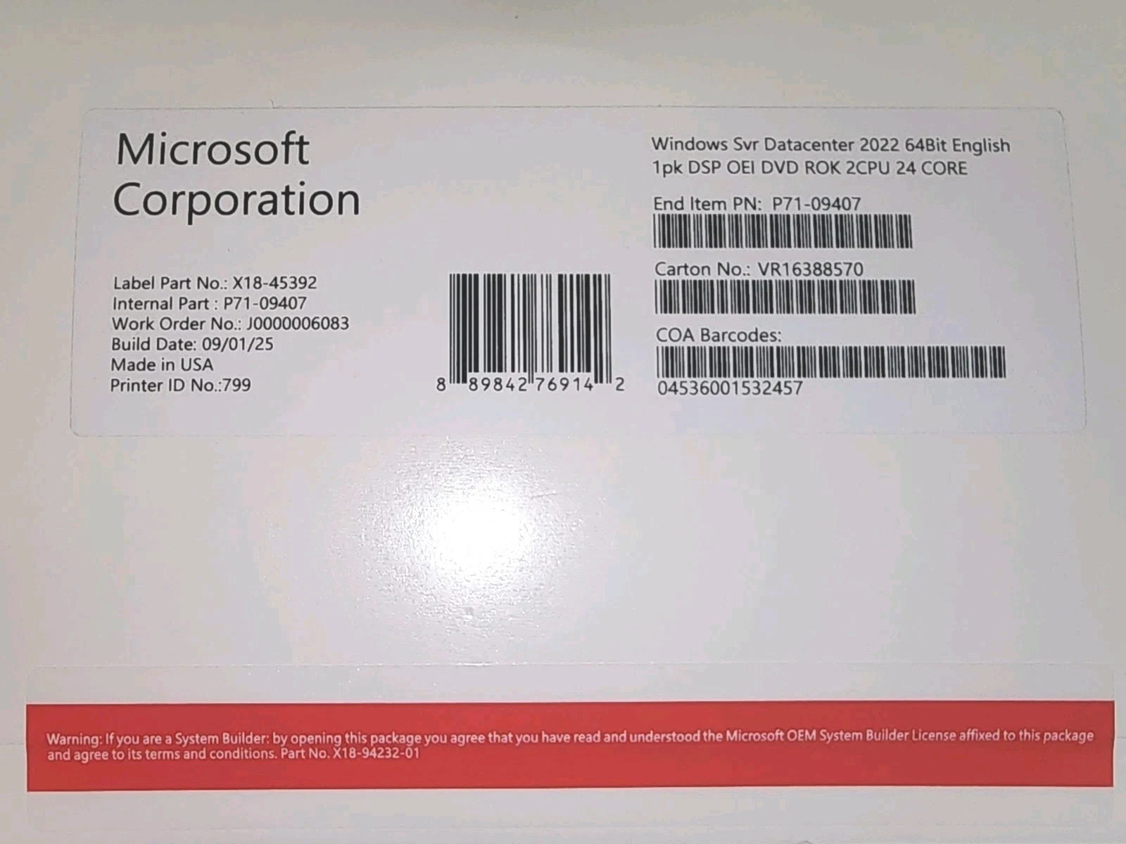 Windows Server 2022 Datacenter - 24 Core Genuine License, OEM Pack, DVD