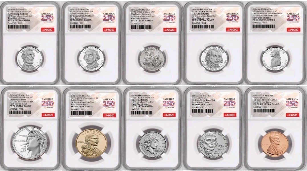 1776-2026 US Mint Complete 10 Coin Silver Proof Set NGC PF70 FDOI Flag Presale