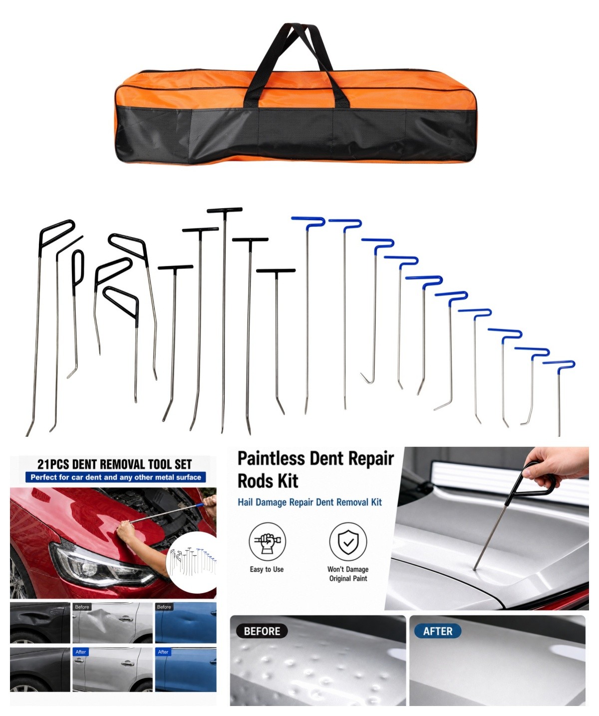 21Pcs Paintless Dent Repair Rods Professional Hail Dent Removal Tool Dent Puller