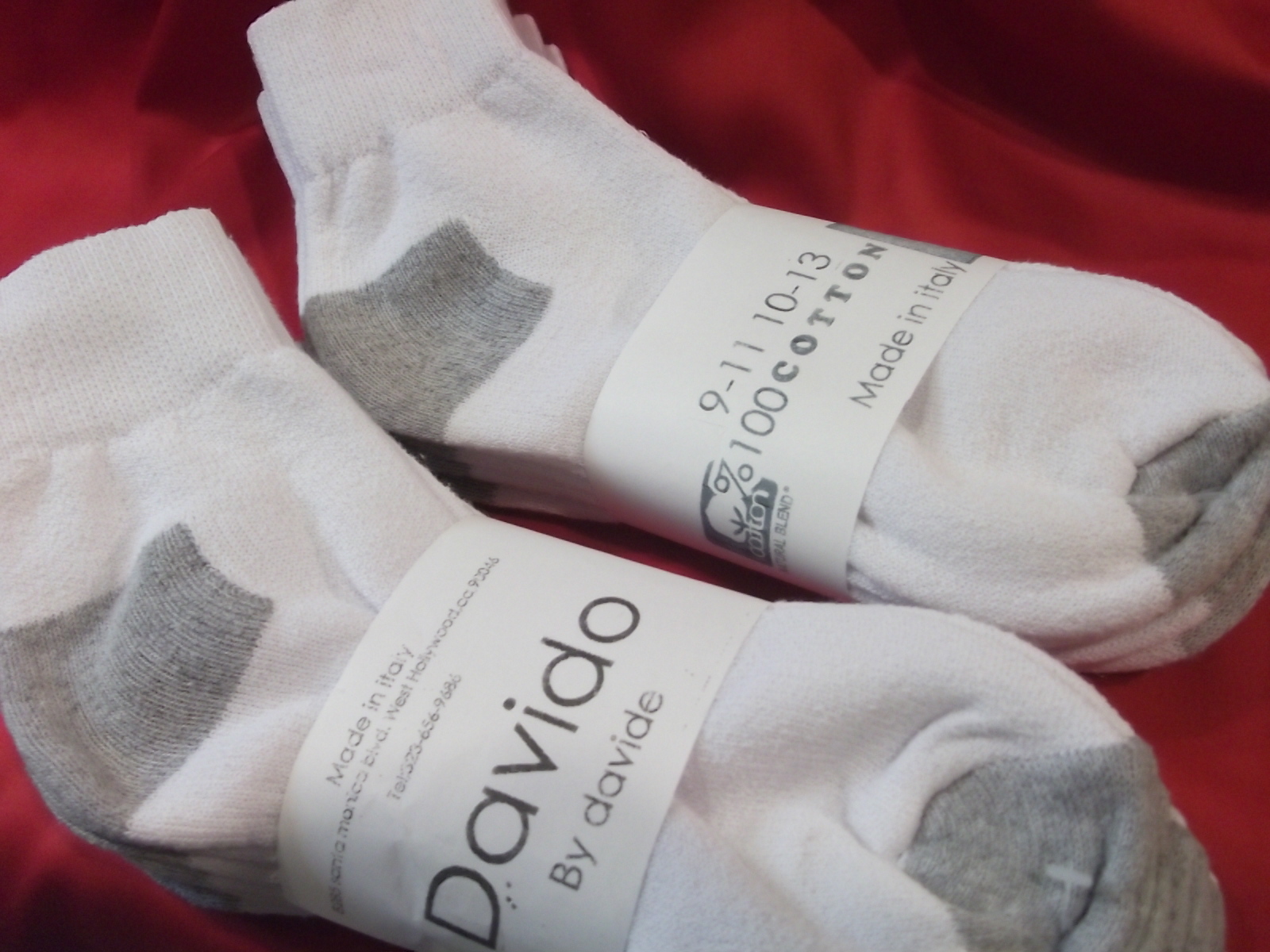 Mens socks ankle/quarter 100%cotton made in Italy 6 pair davido white/gray 10-13