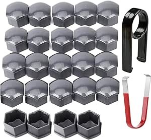 24pcs 17mm Hexagonal Wheel Nut Caps Covers Grey with Removal Tool