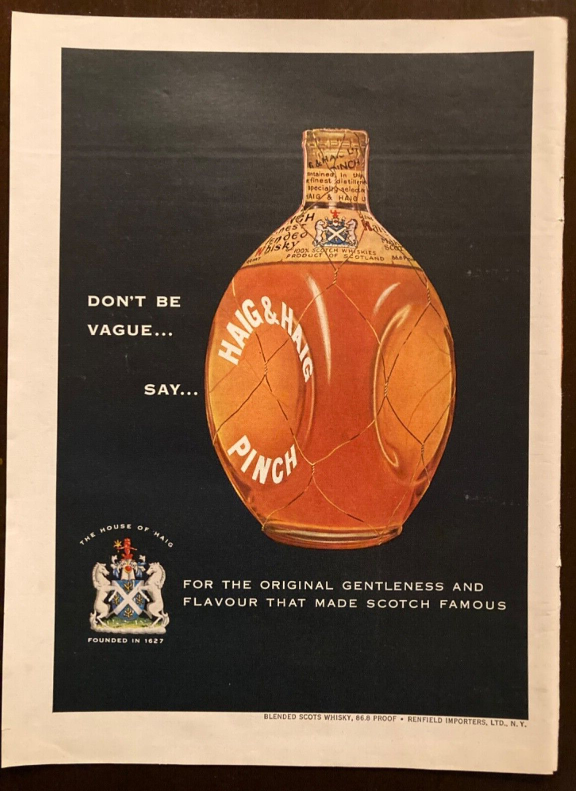 Vintage 1954 Time Magazine print ad for Haig & Haig Pinch Scotch Whiskey Bottle