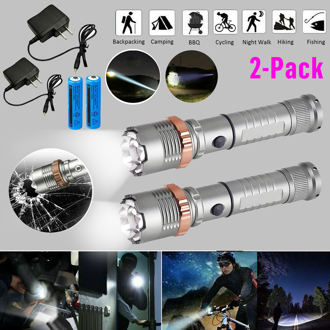 2X Super Bright Flashlight Zoomable LED Torch Rechargeable Outdoor Camping Lght