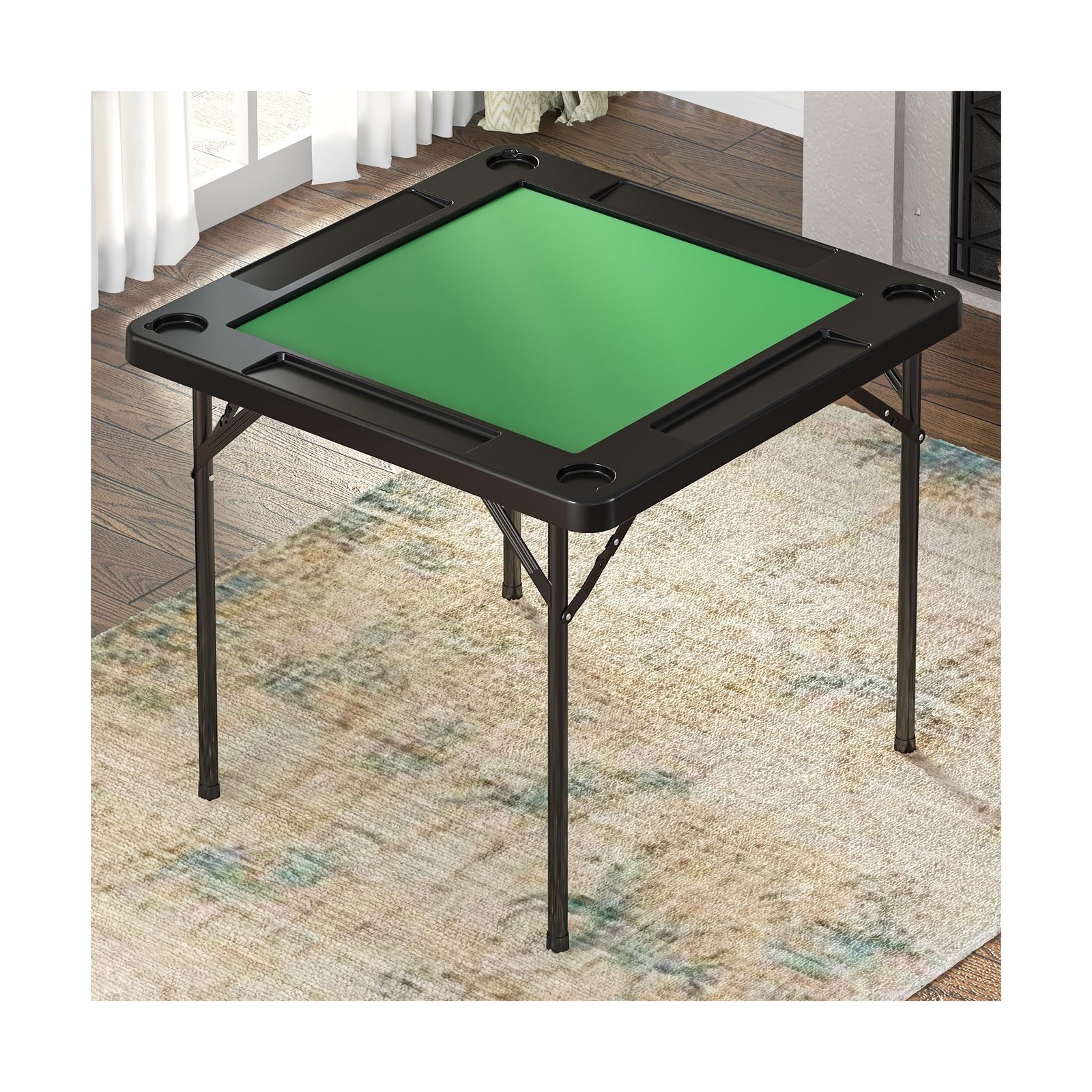 Folding Card Table, 35.4" Square Mahjong Table with Green Felt, Chip Trays an...