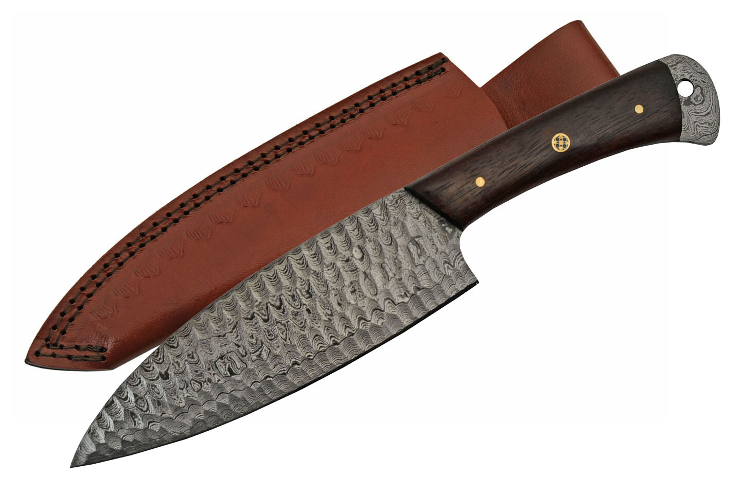 Chef Knife | Damascus Steel 6" Blade Full Tang Wood Handle + Leather Sheath