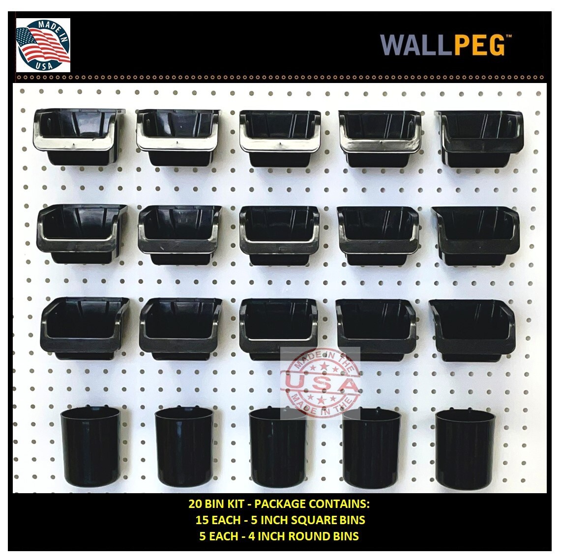 WallPeg Pegboard Bins  - 20 Pc. Kit Hooks to Standard Peg Board Panel Workbench