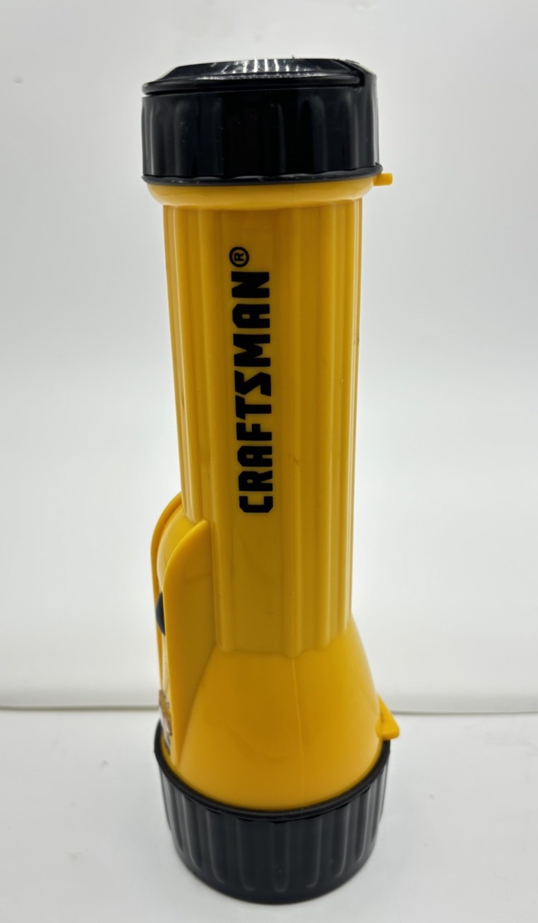 Vtg Craftsman Yellow Flashlight W/Battery Indicator Bulb Storage In Handle VGC