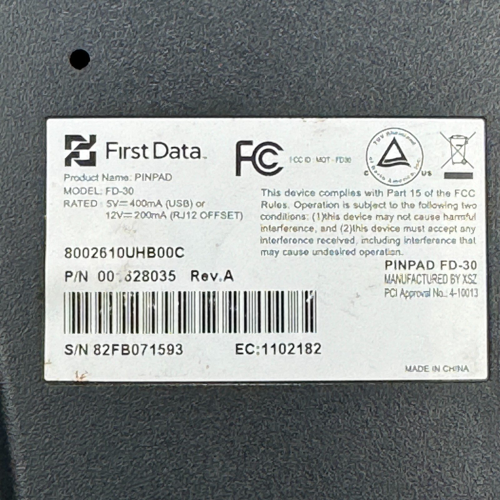 First Data FD30 Pin Pad Credit Card Terminal Reader
