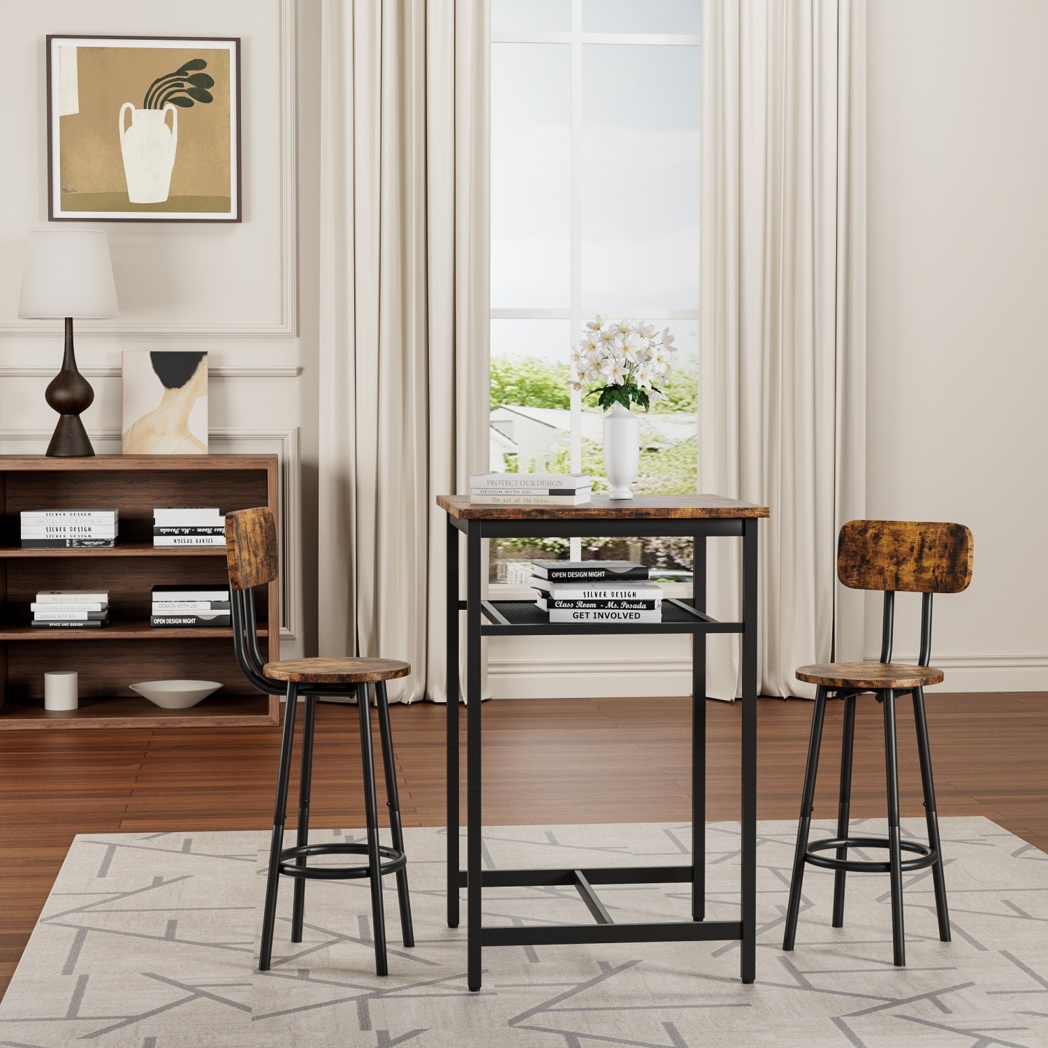 3 Piece Bar Table Set Counter Height  Dining Kitchen Pub Table with 2 Bar Chairs