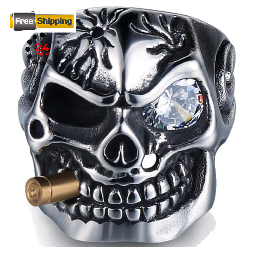 Jude Jewelers Vintage Stainless Steel Gothic Skull Smoking Bullet Clear Stone