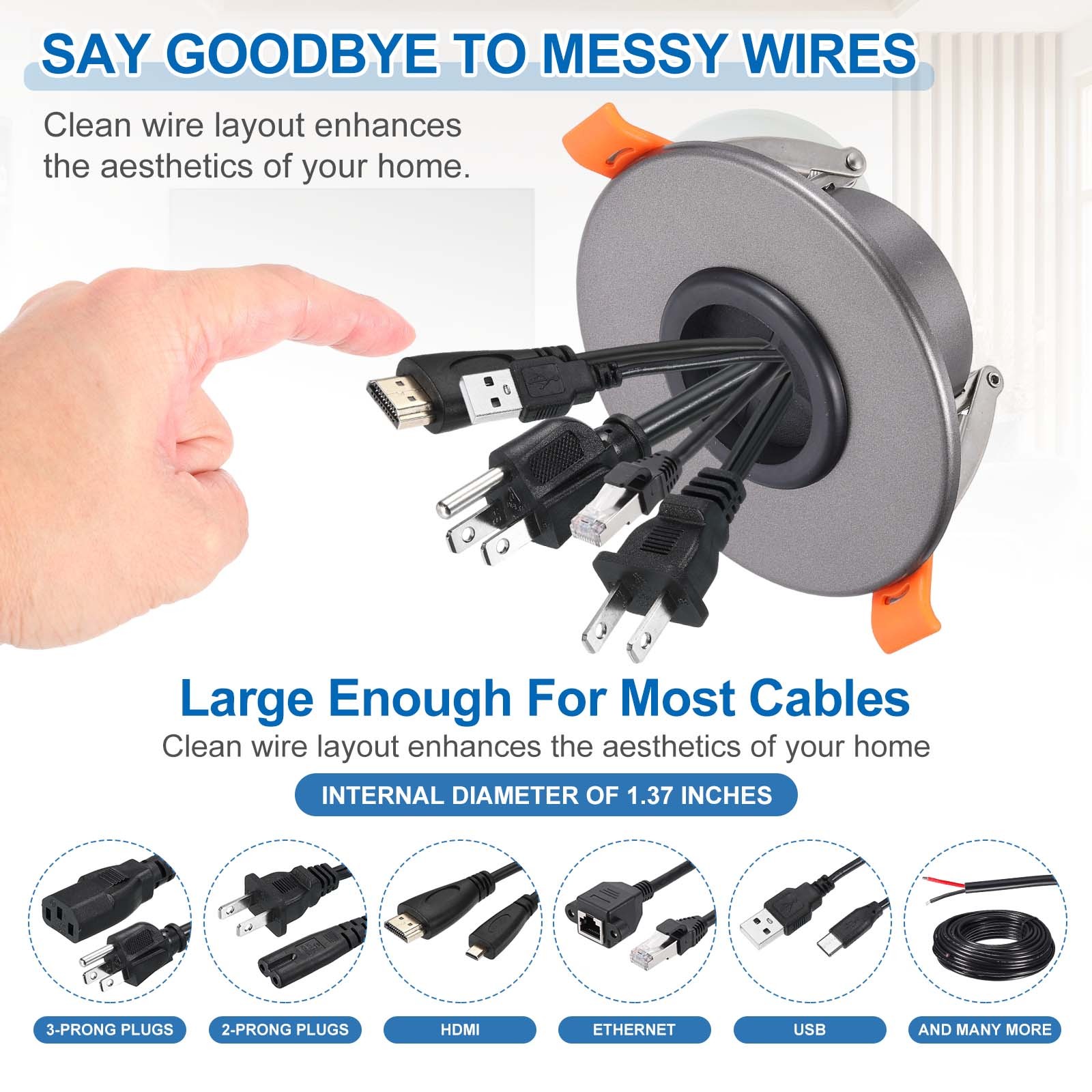 2Pack Cable Pass Port, Spring-Lock Cable Pass Through Port, Dark Gray