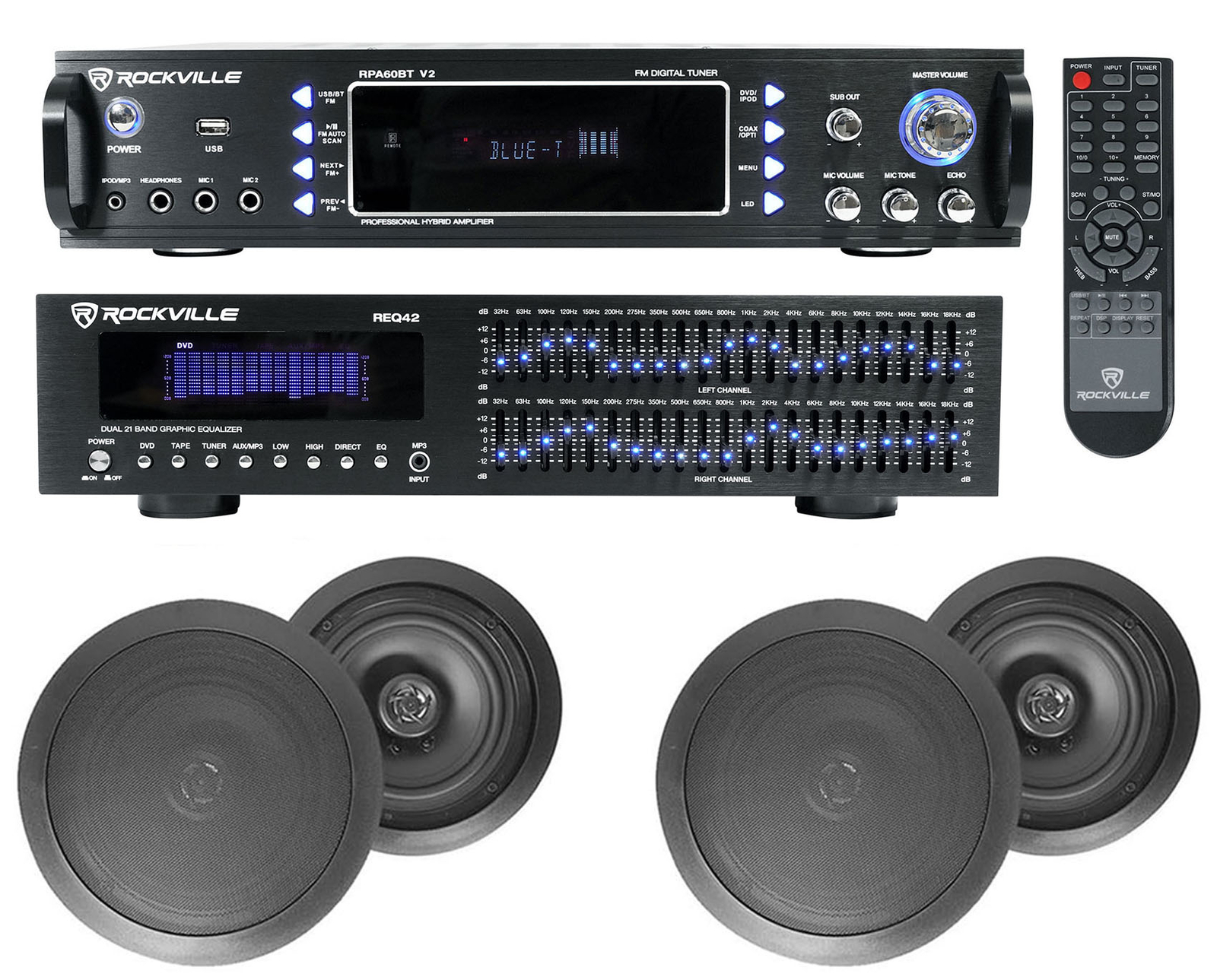 Home Theater Bluetooth Receiver+Equalizer EQ+(4) 6.5" Black Ceiling Speakers