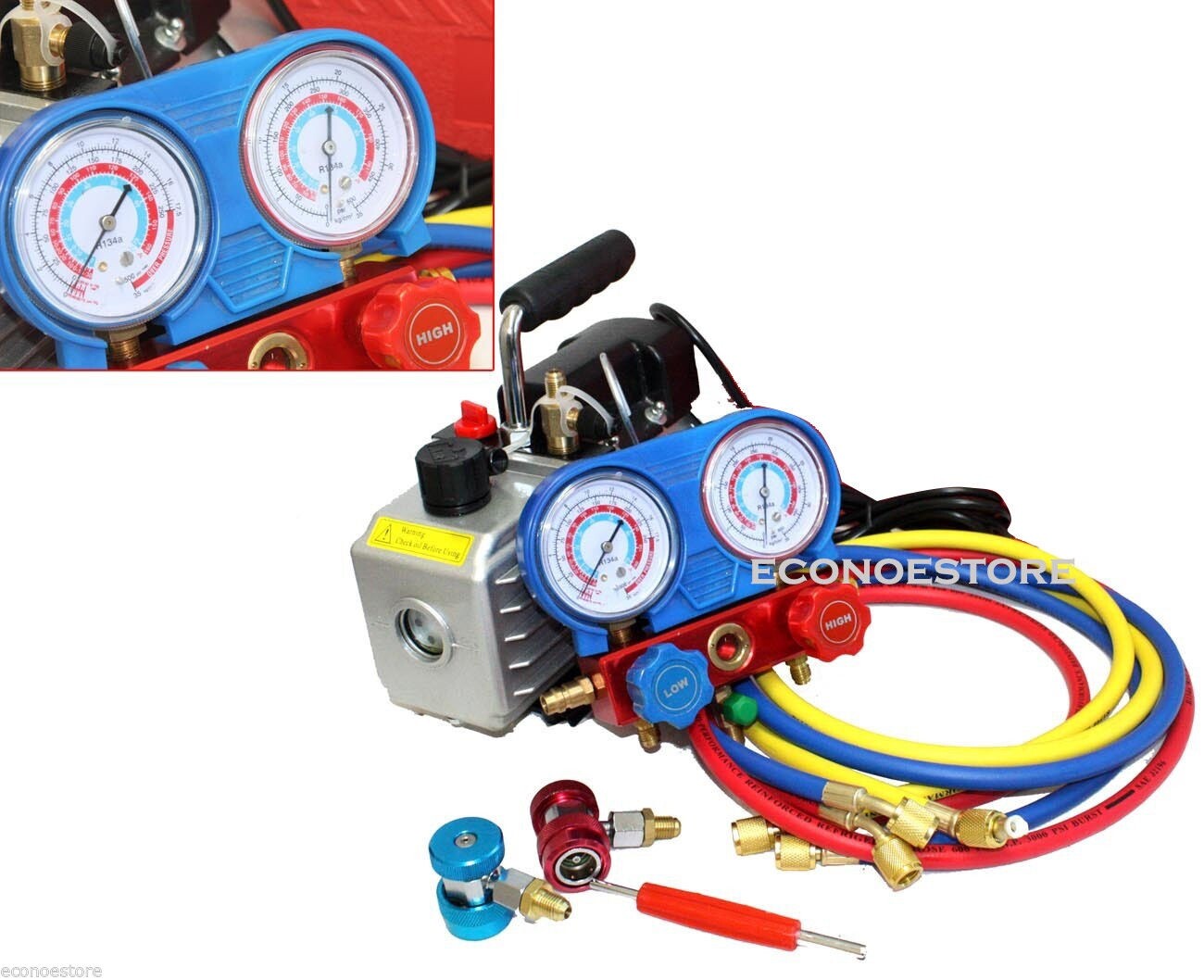 Combo 3CFM 1/4hp AC Vacuum Pump & HVAC Refrigeration Manifold Gauge R134 R22 R12