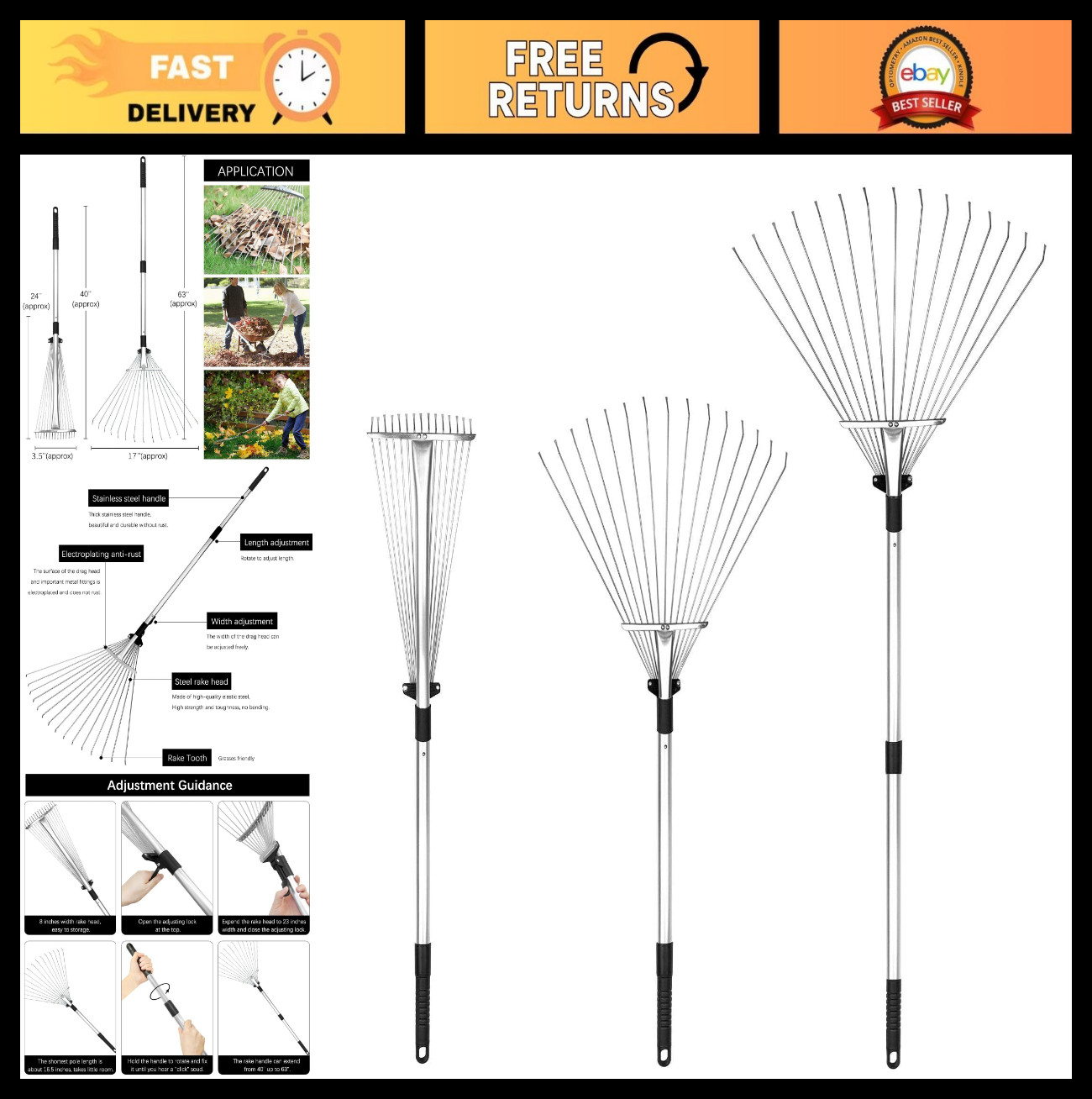 Adjustable Telescopic Garden Leaf Rake 24-63 Inch, Metal Folding Rake for Lawn &
