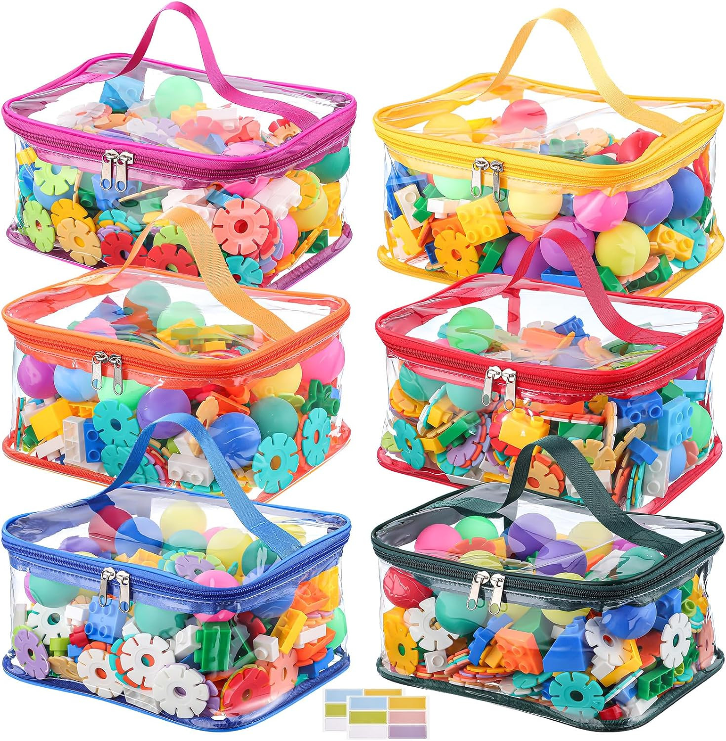 6 Packs Clear Toy Storage Bags, Colorful PVC Waterproof Toy Organizer with Zip R