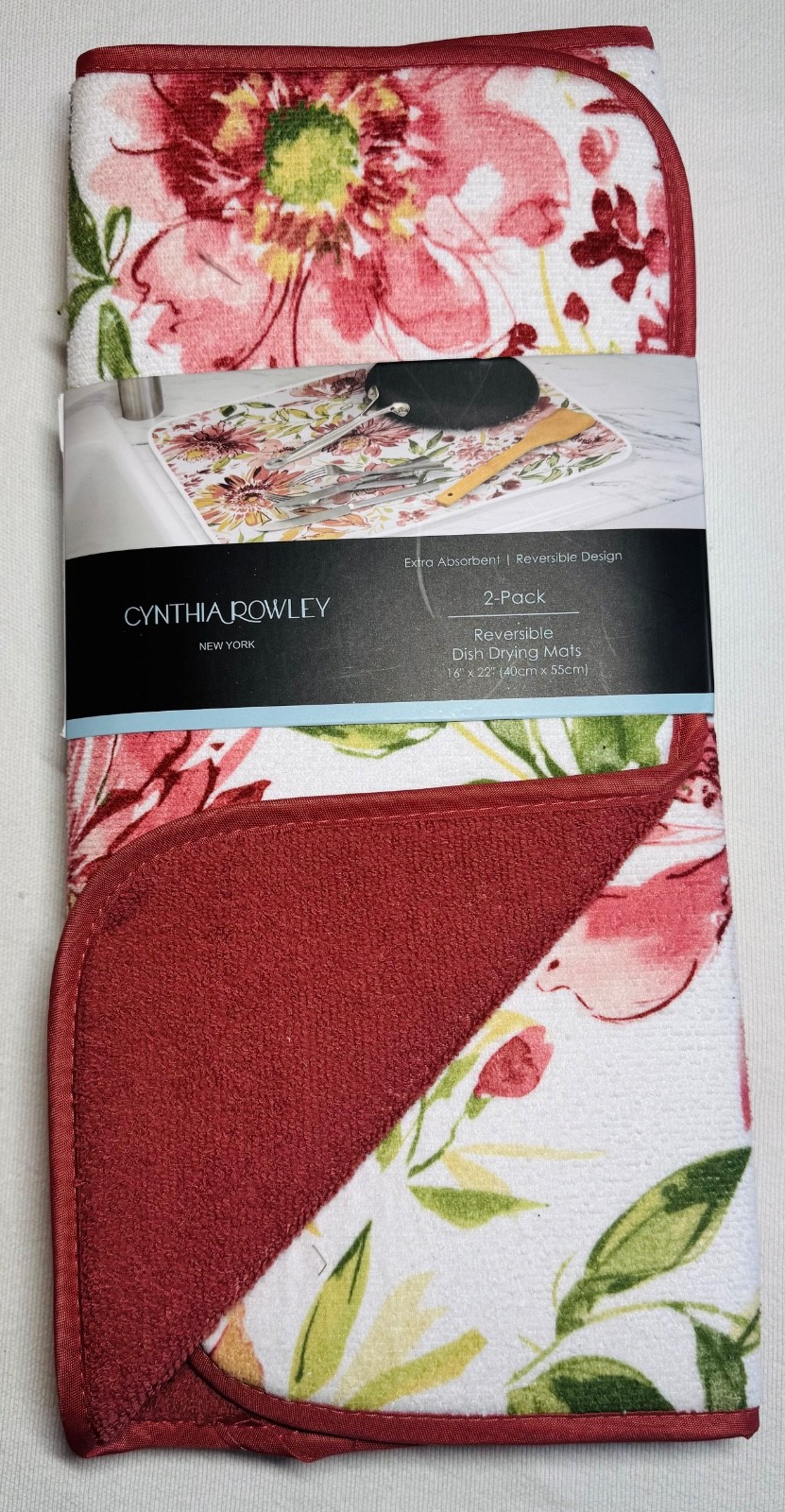 CYNTHIA ROWLEY REVERSIBLE  DRYING MATS (2) PINK FLOWERS  l16 X 19 MICROFIBER NIP