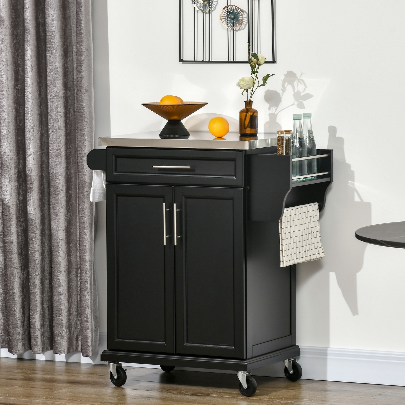 Rolling Kitchen Island on Wheels with Drawer, Spice Rack, Black